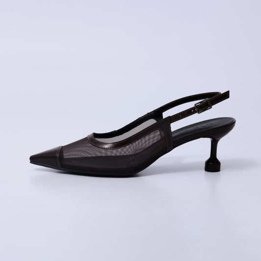 Vivian – Slingback Feminina Bico Fino Salto Taça Marrom Escuro