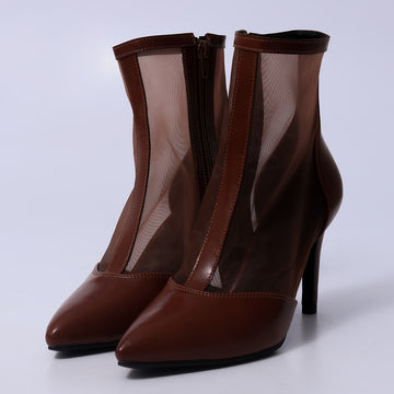 Vivi – Bota Feminina Cano Curto Tela Transparente Salto Fino Caramelo
