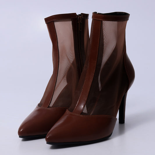 Vivi – Bota Feminina Cano Curto Tela Transparente Salto Fino Caramelo