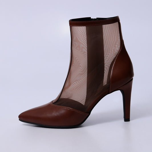 Vivi – Bota Feminina Cano Curto Tela Transparente Salto Fino Caramelo