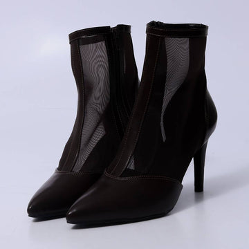 Vivi – Bota Feminina Cano Curto Tela Transparente Salto Fino Marrom Escuro