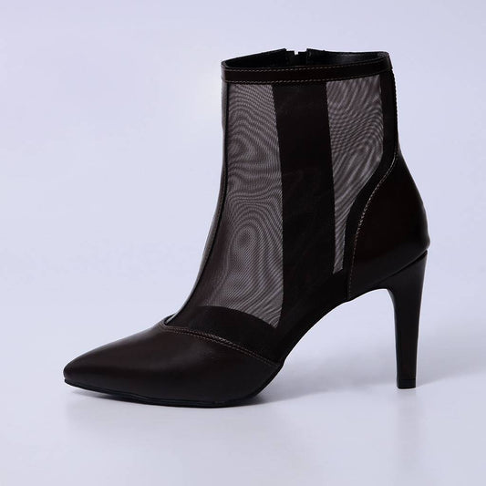 Vivi – Bota Feminina Cano Curto Tela Transparente Salto Fino Marrom Escuro