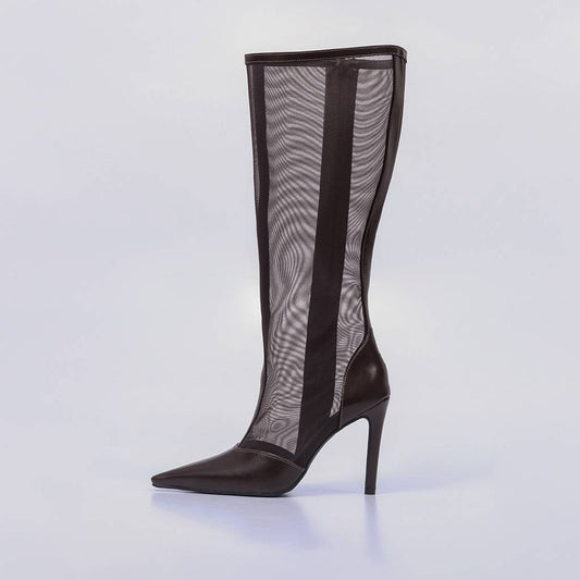 Jaque – Bota Feminina Cano Alto Bico Fino Salto Fino Marrom Escuro