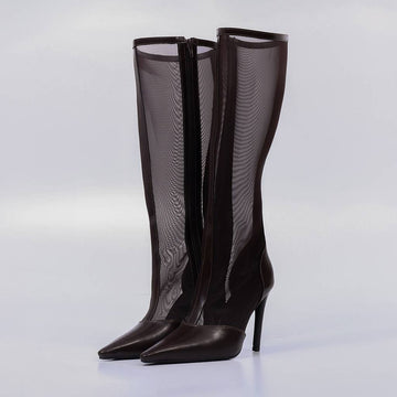 Jaque – Bota Feminina Cano Alto Bico Fino Salto Fino Marrom Escuro
