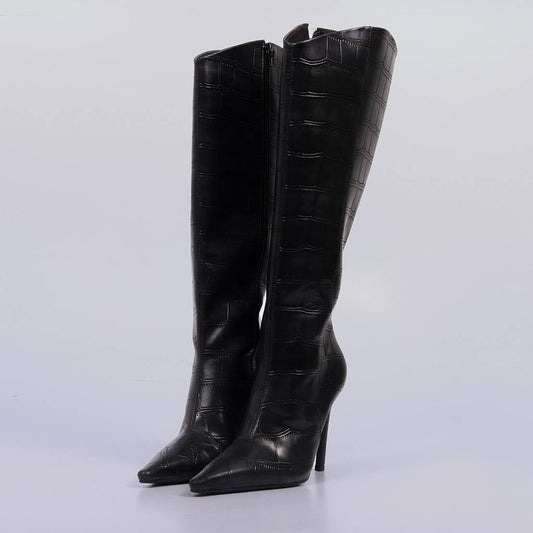 Paris – Bota Feminina Cano Alto Croco Salto Fino Preto