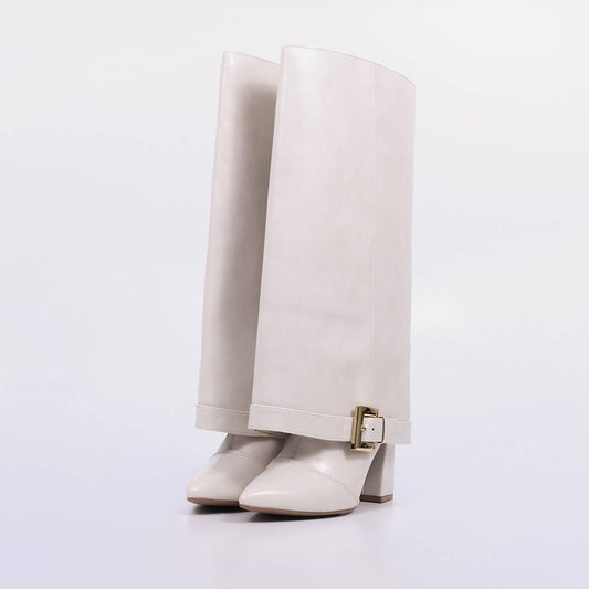Egito – Bota Feminina Cano Médio Salto Baixo Fivela Off White