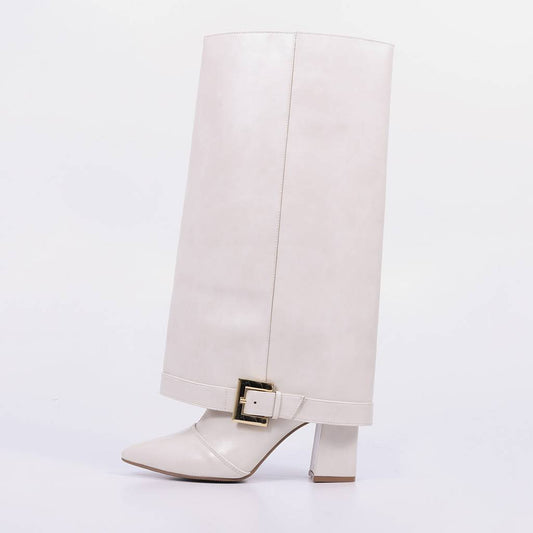 Egito – Bota Feminina Cano Médio Salto Baixo Fivela Off White