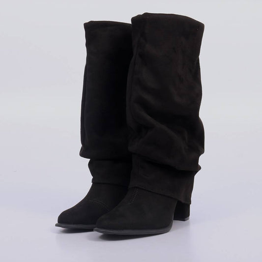 Laguna – Bota Feminina Cano Alto Slouch Camurça Salto Bloco Preto