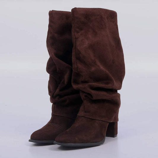 Laguna – Bota Feminina Cano Alto Slouch Camurça Salto Bloco Marrom Escuro