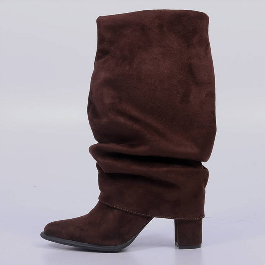 Laguna – Bota Feminina Cano Alto Slouch Camurça Salto Bloco Marrom Escuro