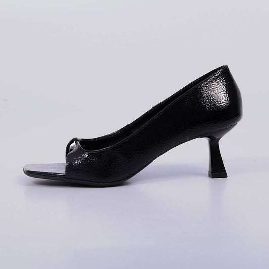 Paula – Scarpin Feminina Salto Geométrico Verniz Aberta Preto