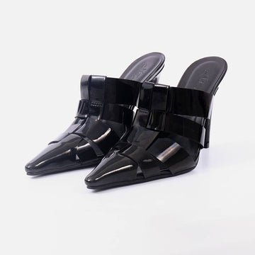 Ravena – Mule Feminino Salto Alto Verniz Tiras Preto