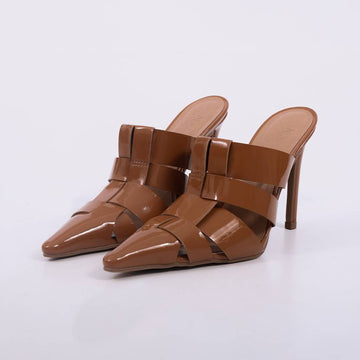 Ravena – Mule Feminino Salto Alto Verniz Tiras Caramelo
