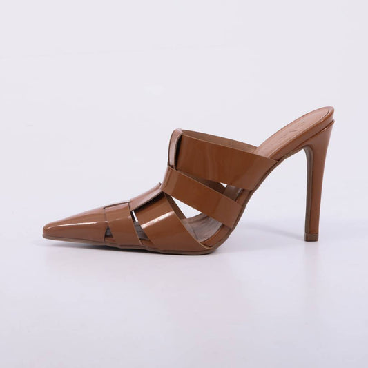Ravena – Mule Feminino Salto Alto Verniz Tiras Caramelo