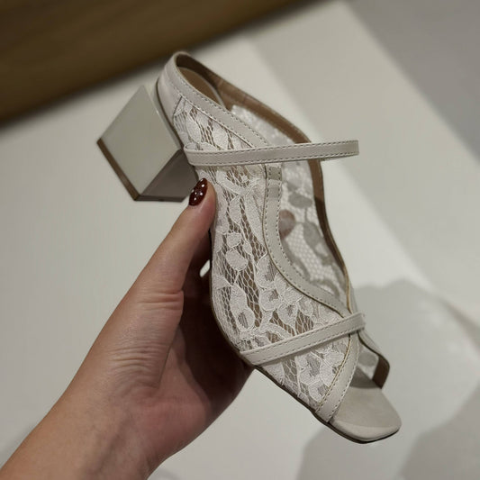 Angel – Tamanco Feminina Tela Rendada Salto Bloco Off White