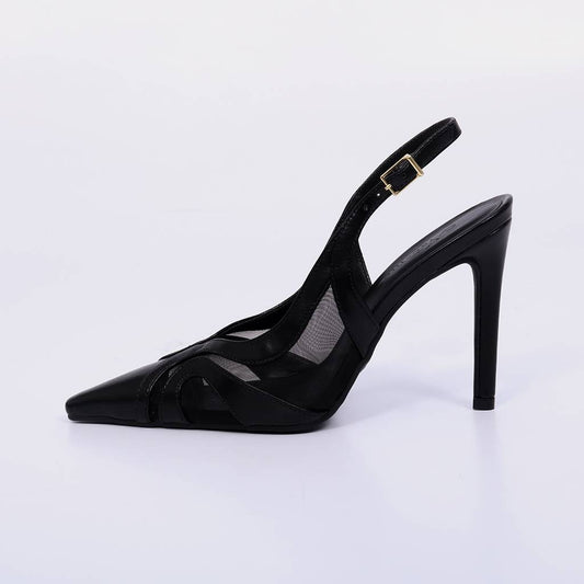 Catarina – Scarpin Feminino Slingback Tela Transparente Salto Alto Preto