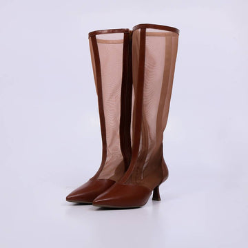 Liara – Bota Feminina Cano Alto Tela Transparente Salto Geométrico Caramelo