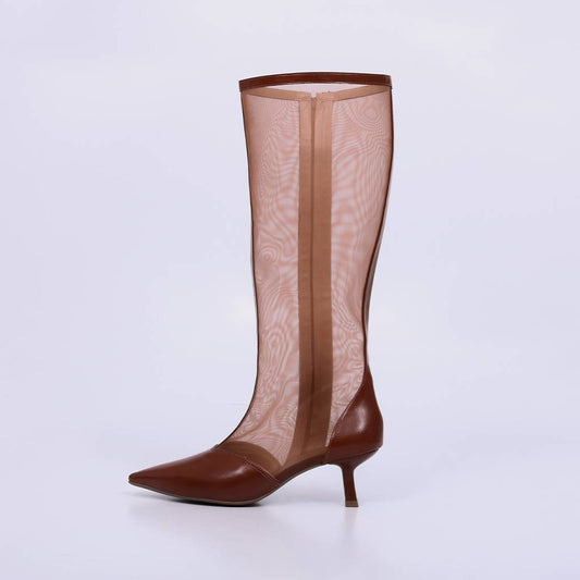 Liara – Bota Feminina Cano Alto Tela Transparente Salto Geométrico Caramelo