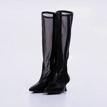 Liara – Bota Feminina Cano Alto Tela Transparente Salto Geométrico Preto