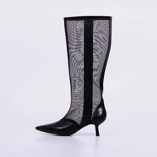 Liara – Bota Feminina Cano Alto Tela Transparente Salto Geométrico Preto
