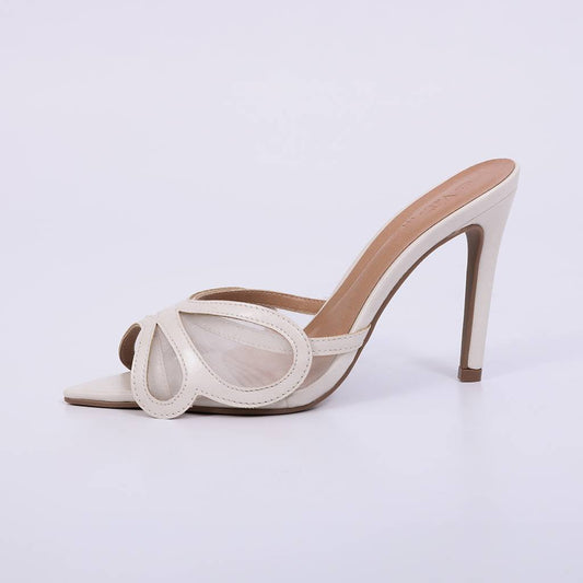 Roma – Tamanco Feminino Tela Aplicação Floral Salto Fino Off White