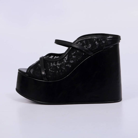 Flora – Tamanco Feminina Plataforma Anabela Meia Pata Tela Rendada Preto