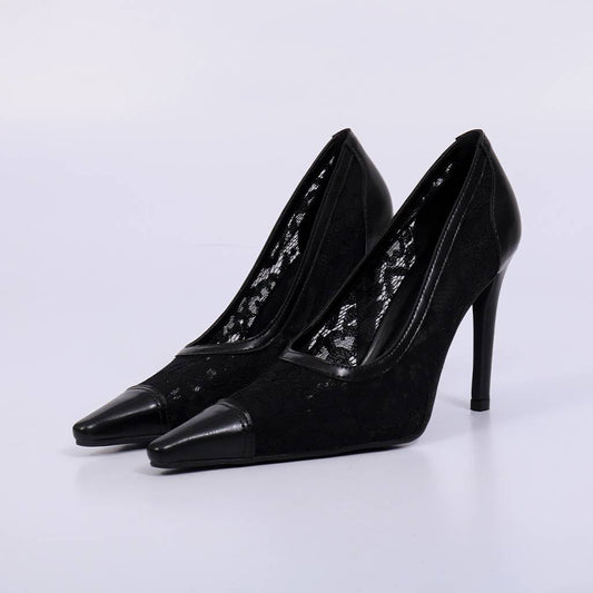 Bel – Scarpin Feminino Salto Fino Bico Fino Tela Rendada Preto