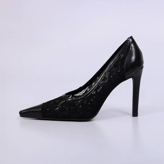 Bel – Scarpin Feminino Salto Fino Bico Fino Tela Rendada Preto