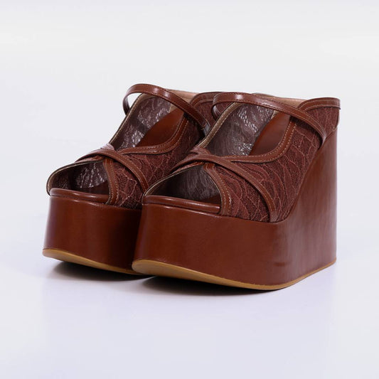 Flora – Tamanco Feminina Plataforma Anabela Meia Pata Tela Rendada New Whisk