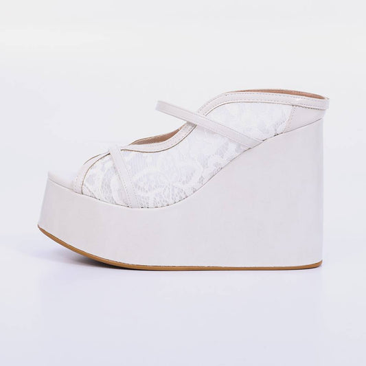 Flora – Tamanco Feminina Plataforma Anabela Meia Pata Tela Rendada Off White