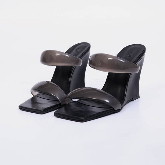 Raquel – Tamanco Feminino Anabela com Tiras Transparente Preto