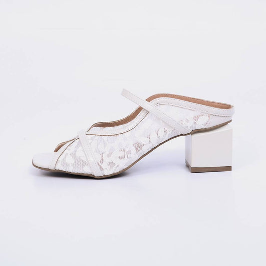 Angel – Tamanco Feminina Tela Rendada Salto Bloco Off White