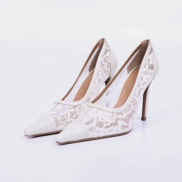 Bel – Scarpin Feminino Salto Fino Bico Fino Tela Rendada Off White