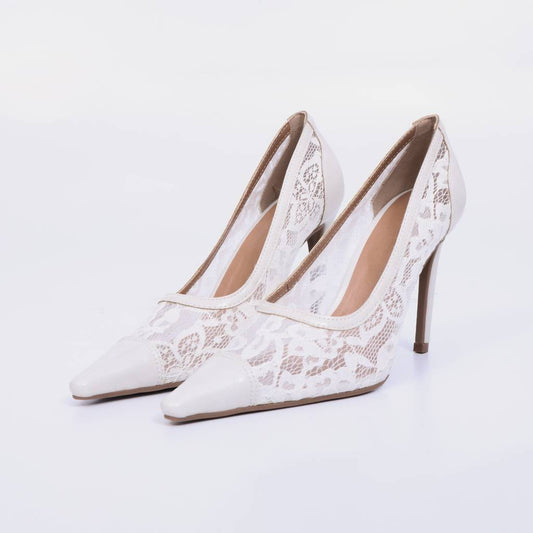 Bel – Scarpin Feminino Salto Fino Bico Fino Tela Rendada Off White