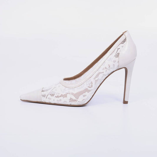 Bel – Scarpin Feminino Salto Fino Bico Fino Tela Rendada Off White
