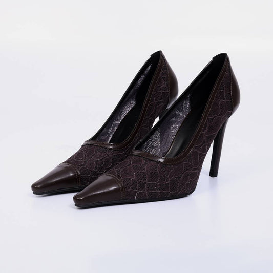 Bel – Scarpin Feminino Salto Fino Bico Fino Tela Rendada Rocha