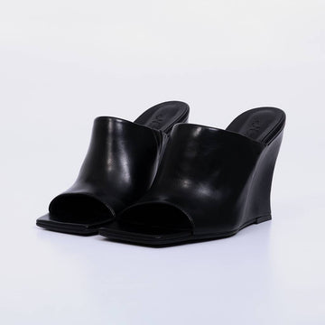 Moca – Tamanco Feminino Anabela Peep Toe Bico Quadrado Preto