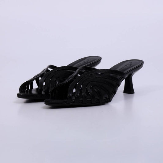 Manu – Mule Feminino Tiras Vazadas com Salto Fino Preto