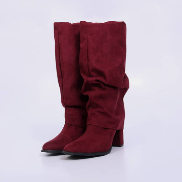 Laguna – Bota Feminina Cano Alto Slouch Camurça Salto Bloco Marsala