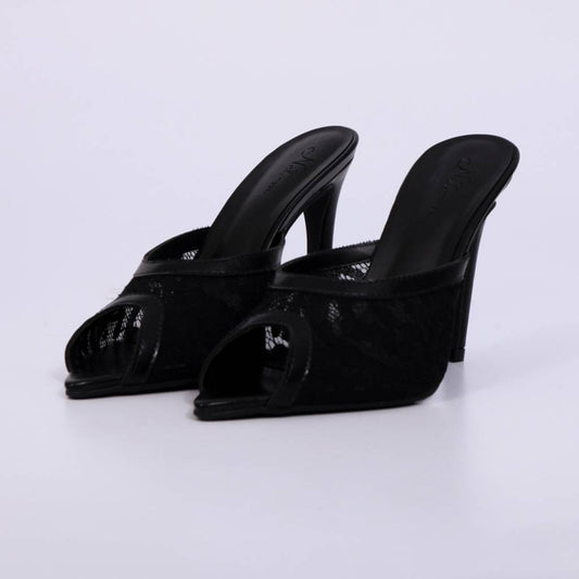 Sara – Mule Feminino Tela Rendada Salto Fino Preto