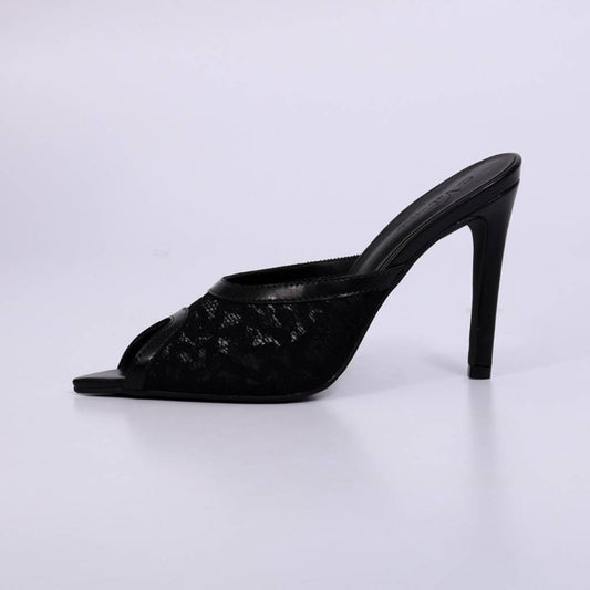 Sara – Mule Feminino Tela Rendada Salto Fino Preto