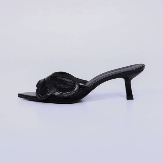 Bela – Mule Feminino com Tela Transparente e Salto Fino Preto
