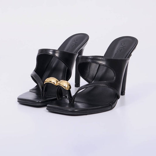 Giza – Tamanco Feminino Salto Fino com Dedo e Aplicação Dourada Preto