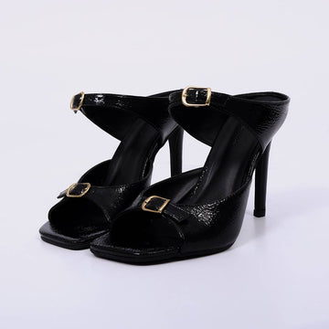 Suelen – Sandália Feminina Salto Fino com Tiras Largas Preto