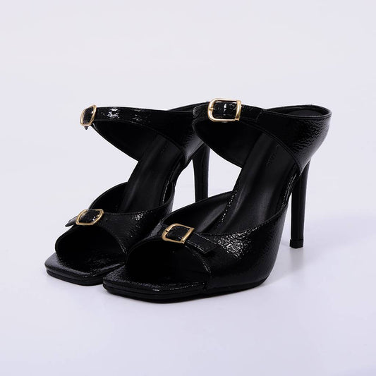 Suelen – Sandália Feminina Salto Fino com Tiras Largas Preto
