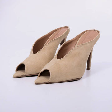 Firenze – Mule Feminino Peep Toe Camurça Salto Fino Nude