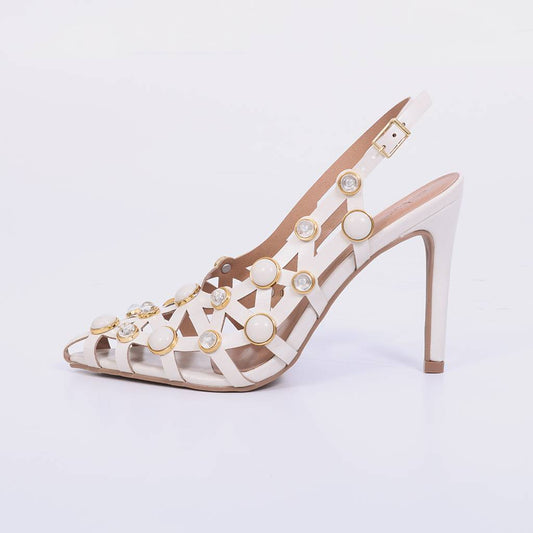 Kim – Slingback Feminino Vazado com Aplicações e Salto Fino Off White