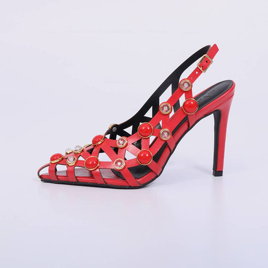 Kim – Slingback Feminino Vazado com Aplicações e Salto Fino Vermelho