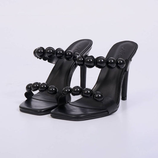 Joane – Tamanco Feminino com Esferas Resinadas e Salto Fino Preto