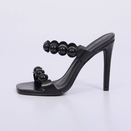 Joane – Tamanco Feminino com Esferas Resinadas e Salto Fino Preto